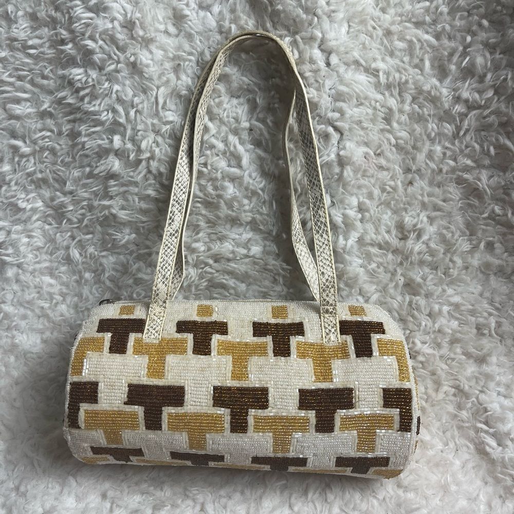 Eswanny beaded Brown,gold &beige satchel faux leather reptile print straps - Picture 6 of 16